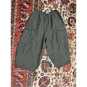 Vintage Blue Fish Pure Linen Lagenlook Green Barrel Baggy Pull On Pant Size 0
